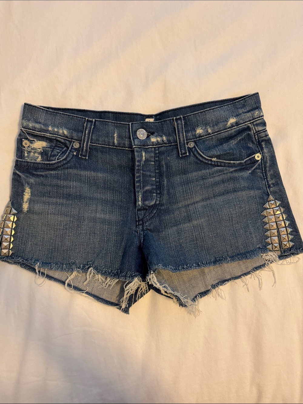 7 For All Mankind Blue Distressed Frayed Hem Jean Shorts with Studs